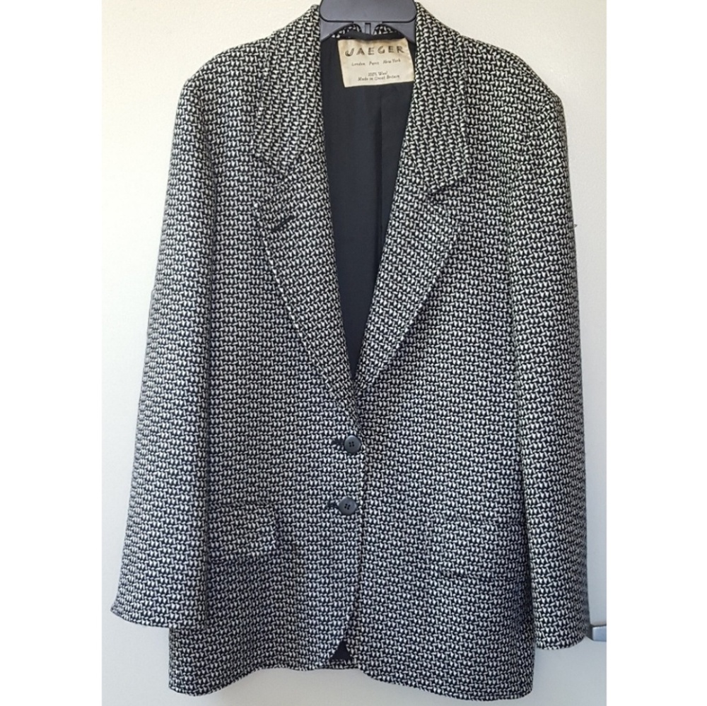 Jaeger Women's Black & White Houndstooth Wool Blend Blazer